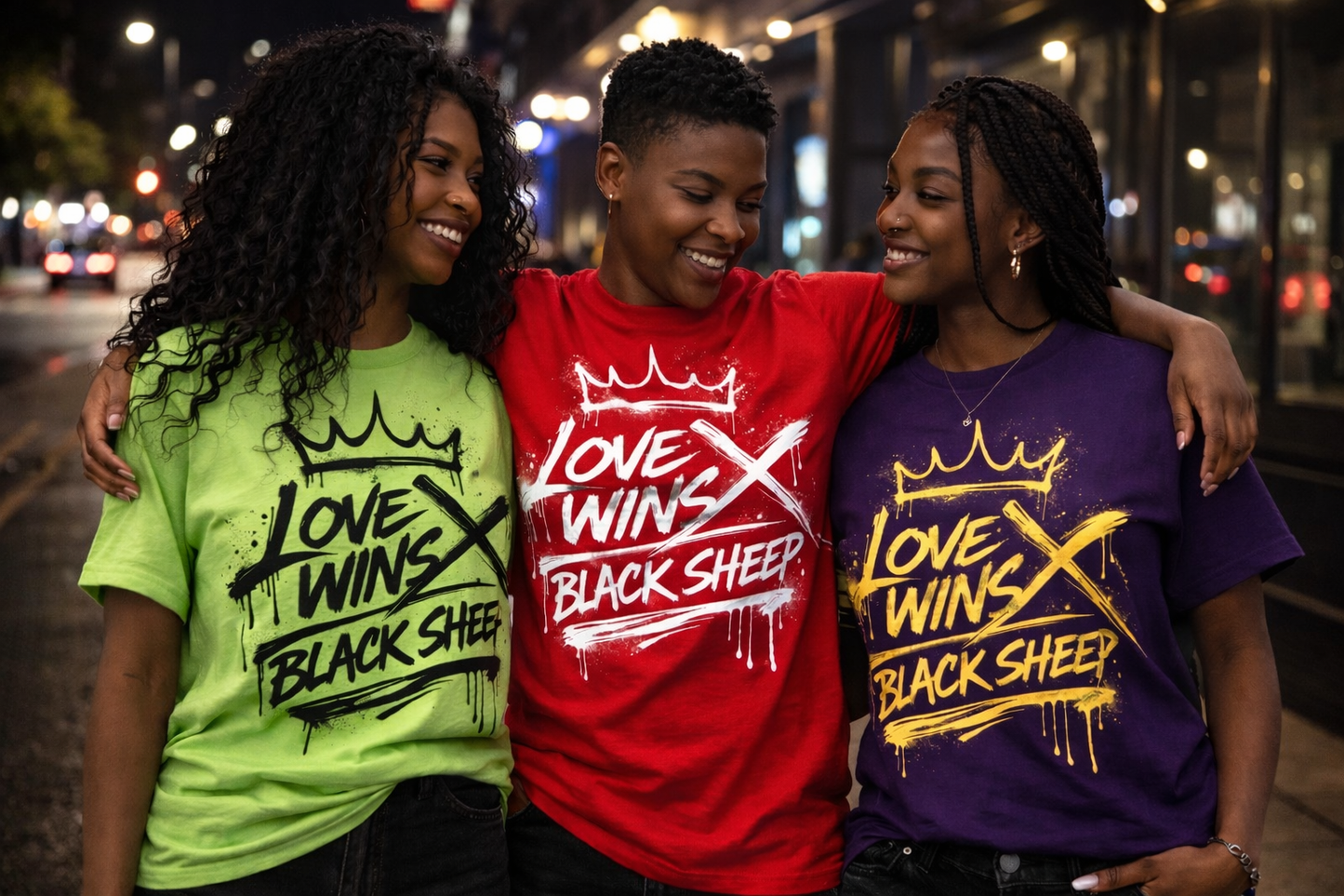 Three people wearing 'Love Wins Black Sheep' t-shirts in a city street at night