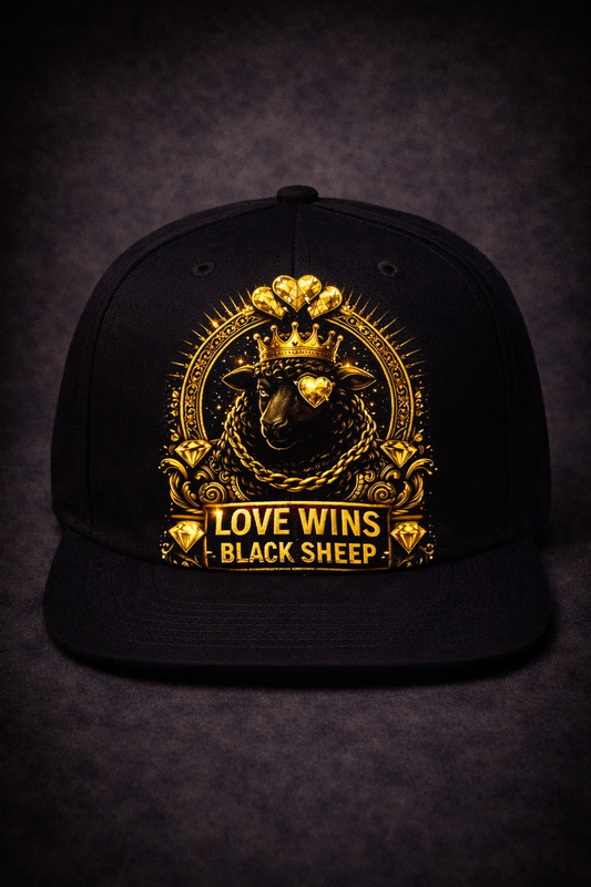 Black cap with gold embroidered design and text on a dark background