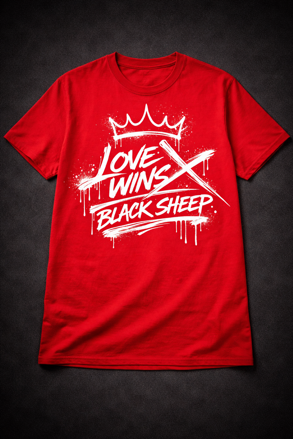Red t-shirt with white graphic and text on a black background