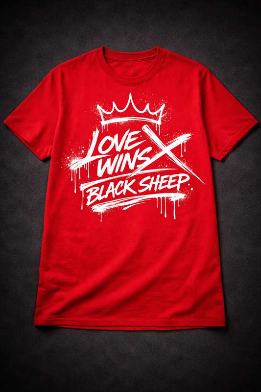 Red t-shirt with white graphic and text on a black background