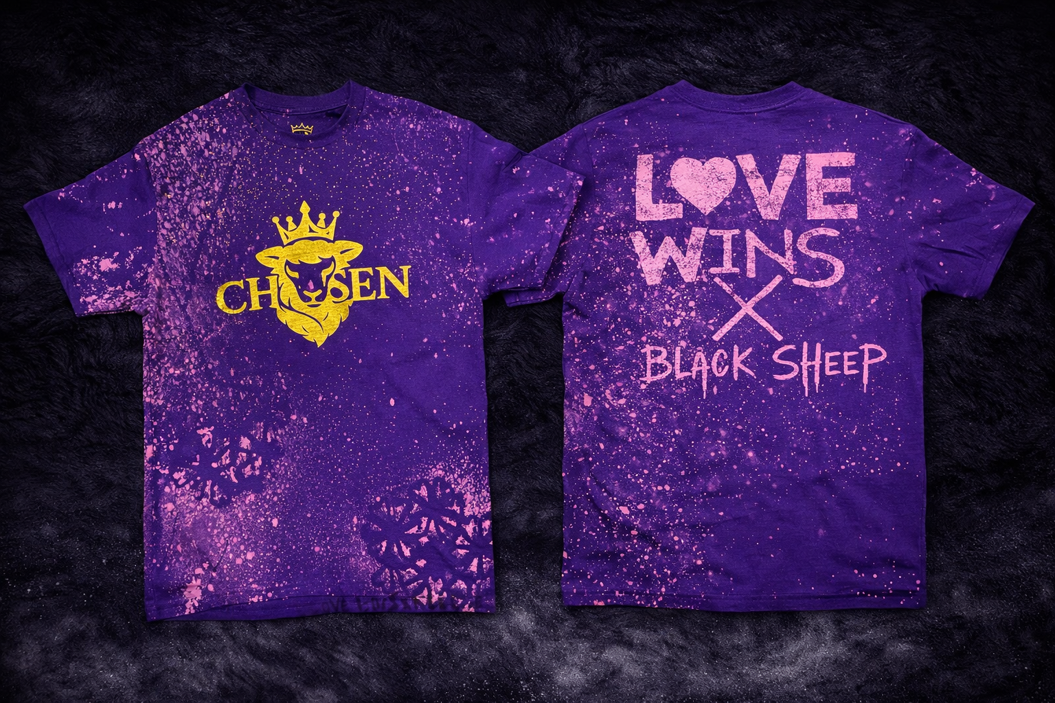 Purple t-shirt with yellow and white text and graphics on a dark background